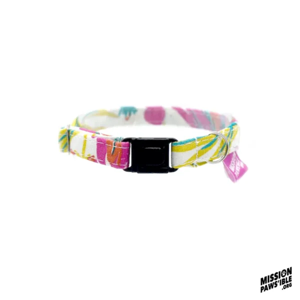 The Mermaids Garden Collar features a vibrant pattern and a black buckle set against a white background, with the Mission Paws'ible logo in the bottom right corner.