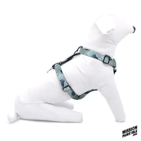 A white dog mannequin wearing a Pineapple Express Blue Adjustable Harness sits against a plain background. The words "Mission Paws'ible.org" are in the bottom right corner.