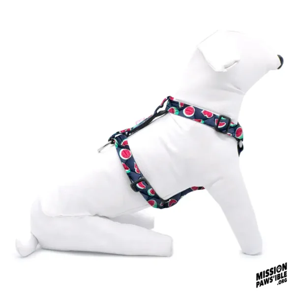 A mannequin dog wearing a Flower Power Yellow Adjustable Harness sits against a plain white background.