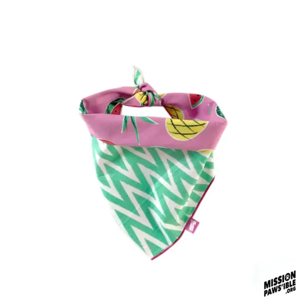 The Fruit Tingle Reversible Bandana, showcasing triangular sections in pink and green with fruit and zigzag patterns, is displayed against a white background.