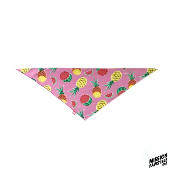 Fruit Tingle Reversible Bandana with a triangular shape, featuring pineapple and watermelon prints in pink, complete with the Mission Paws'ible logo in the bottom right corner.