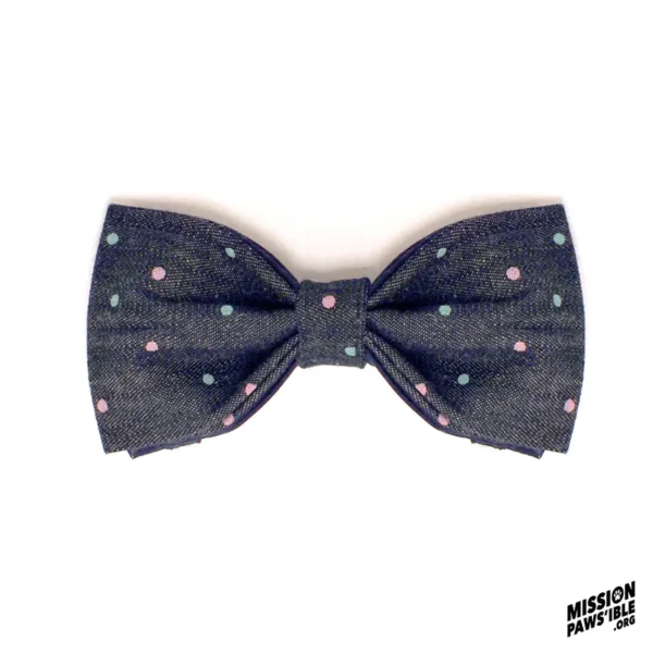 A "Spot On Denim Cool Bow Tie" in dark blue adorned with pink and blue dots and a "Mission Pawsible" logo in the corner.