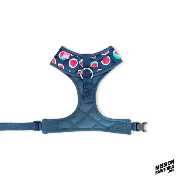 Watermelon Chest Harness in blue, featuring a playful watermelon pattern and adjustable straps. Includes a metal D-ring and clip buckle, with the "MISSION PAWS'IBLE" logo in the bottom corner.