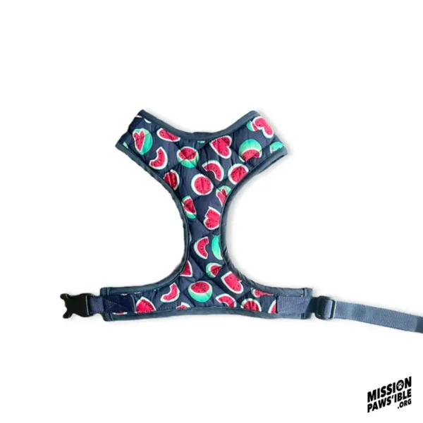 Watermelon Chest Harness featuring a vibrant watermelon design against a white backdrop, with the "Mission Paws'ible" logo in the bottom right corner.