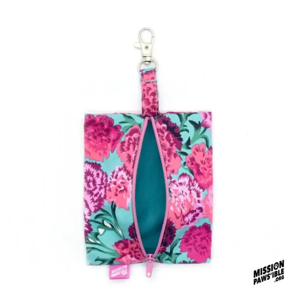 Flower Power Aqua Carry-All pet treat pouch with a zipper and clip, featuring a pink and teal floral design. Logo reads "Mission Paws'ible" in the corner.