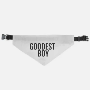 A white 'Goodest Boy' Pet Bandana & Adjustable Collar available in large and extra-large sizes, featuring the text "GOODEST BOY" printed in black.