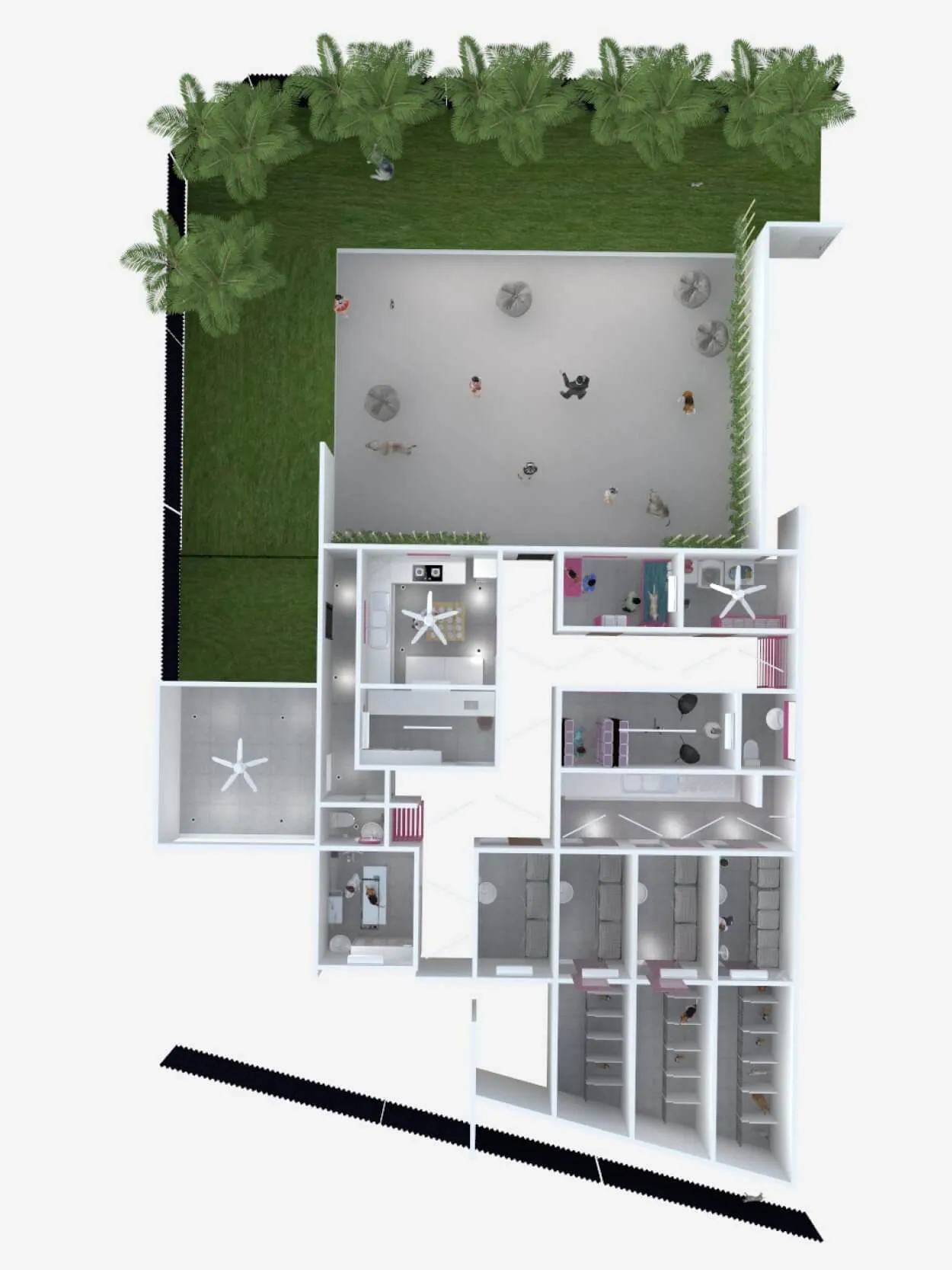 Floor plan featuring a garden with trees, a patio with people and furniture, and interior spaces including various rooms and hallways.