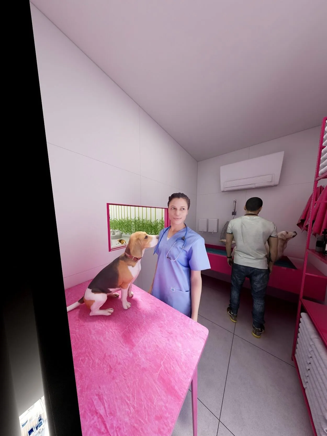 A veterinarian examines a Beagle puppy on a pink table, with another person tending to a dog in the background.